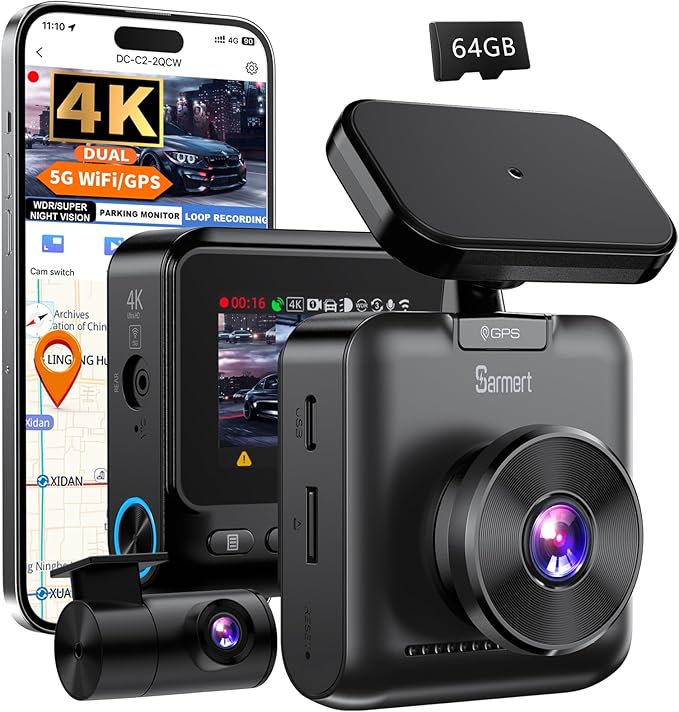 Sarmert C2 4K Dual Dash Cam Front and Rear - Built-in GPS and 5G WiFi, Free 64GB Card Included, 4K UHD Dash Camera for Cars, 