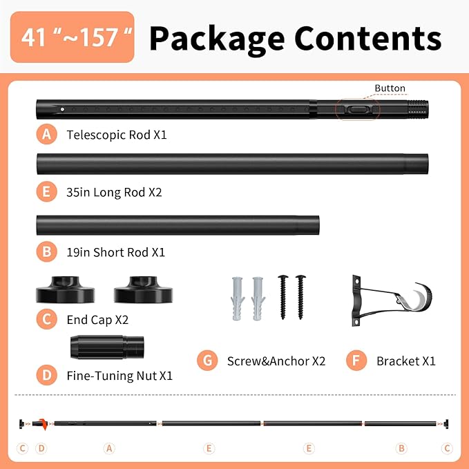Tension Curtain Rod 41-157In-55Lb, Outdoor Extra Long Curtain Rod No Drilling for Window or Bathroom Patio, Adjustable Heavy 