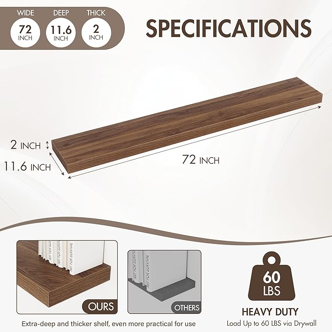72 Inch Floating Shelves, 12" Deep Floating Shelf Wall Mounted, 72" Wall Shelves, Rustic Deep Bookshelf, Extra Deeper & Thick