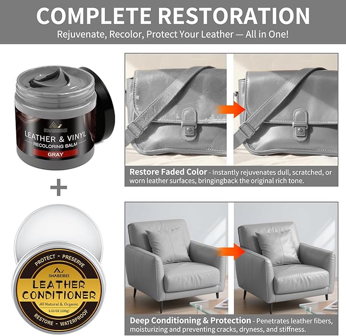 Leather Recoloring Balm with 100ml Mink Oil, Gray Leather Repair Kit and Scratch Remover for Furniture, Car Seats, Sofas, Dye