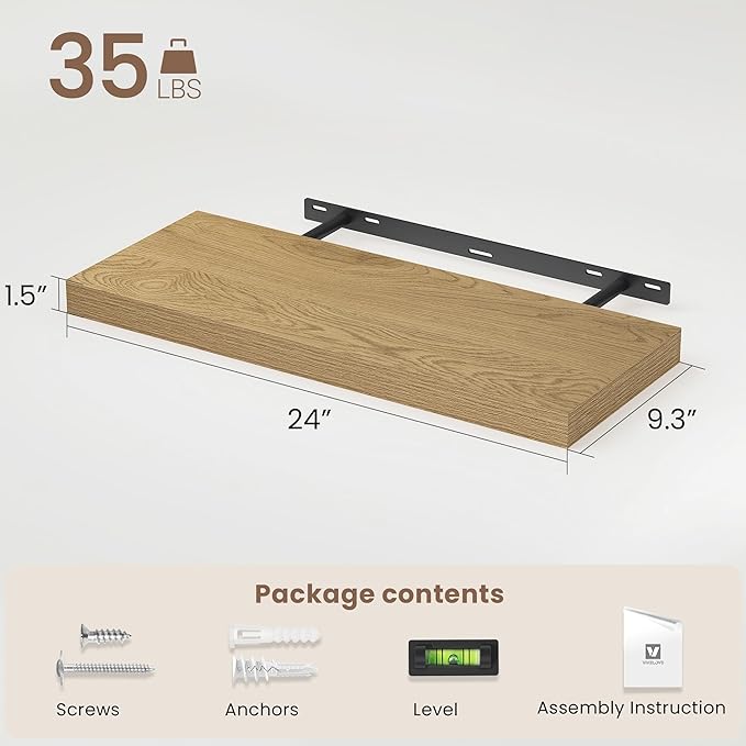 Vivelove 24 Inch Floating Shelves for Wall, 24x9 Display Shelves for Bathroom Living Room Kitchen Bedroom Office Farmhouse Ho