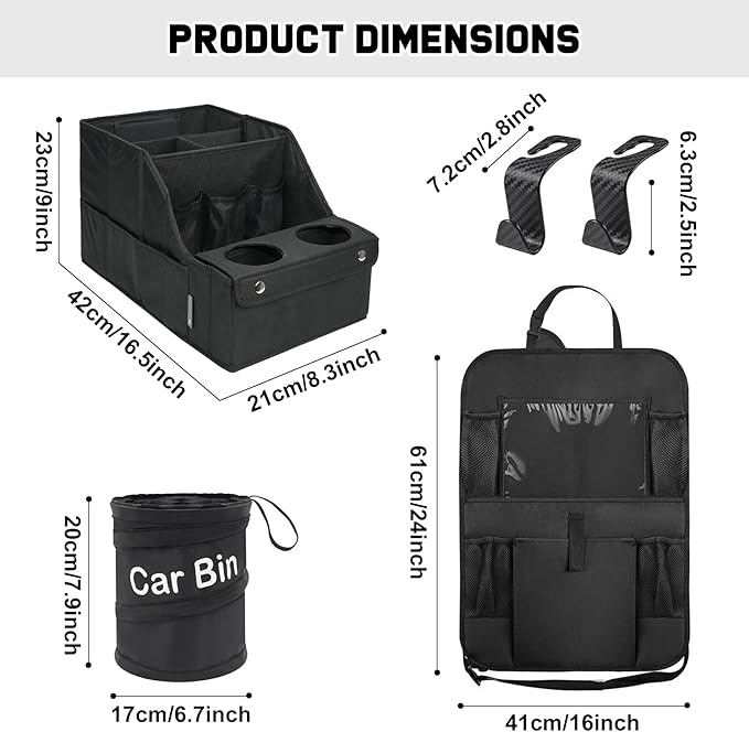 Car Organizer and Storage 5-in-1 Set with Front Seat Organizer, Backseat Organizer, Car Trash Can & 2 Headrest Hooks, Universal Car Storage Accessories for SUV Truck & Sedan Vehicle