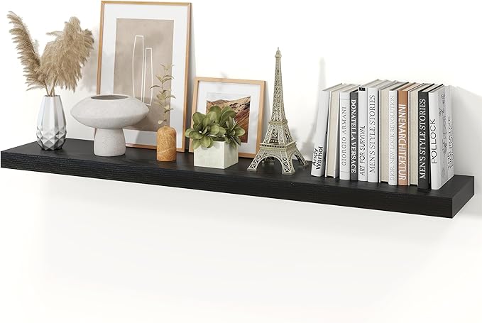 Floating Shelves for Wall, 9.3" Deep Wall Mounted Wood Shelves for Bathroom, Bedroom (Black, 48)