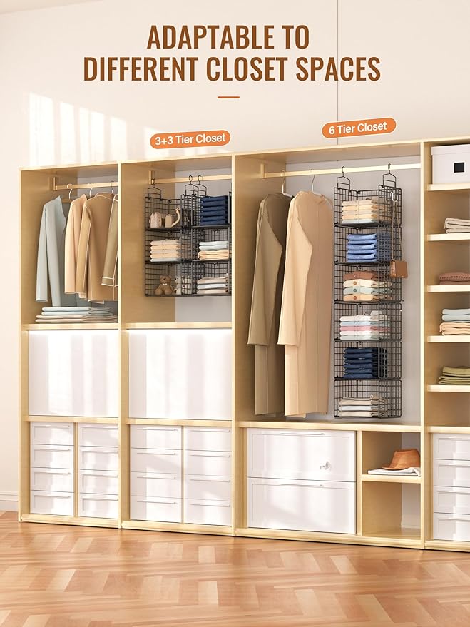6 Tier Closet Hanging Organizer, Metal Closet Organizers and Storage with 4 Hanging Hooks 4 S-Hooks for Wardrobe Laundry Room