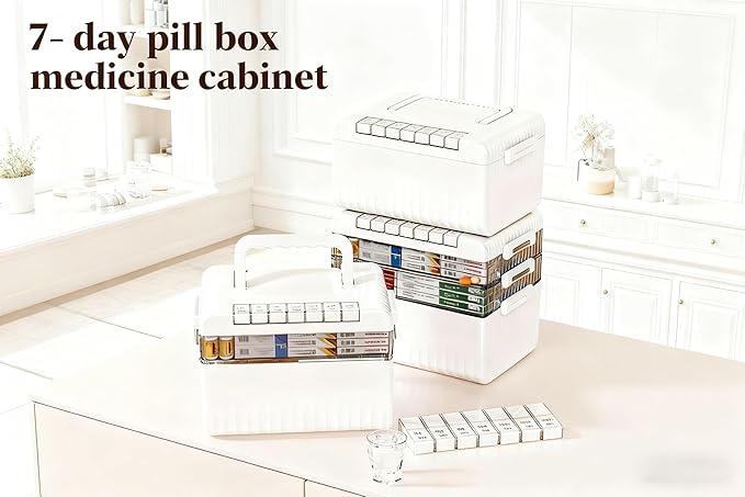 3-Tier Medicine Storage Box Cabinet, Portable Medicine Cabinet with Plastic Handle, Multipurpose Medical Box with 7 Individua