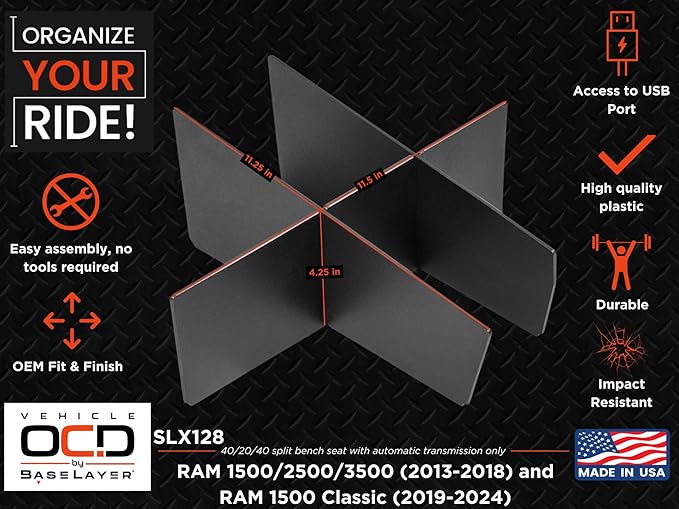 Vehicle OCD - Center Console Organizer for Dodge RAM 1500/2500/3500 (2013-18), RAM 1500 Classic (2019-24) (40/20/40 split bench seat w/automatic transmission ONLY) - Made in USA - SLX128