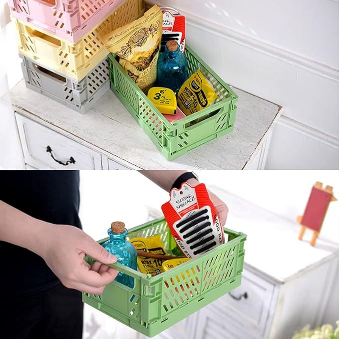Xhwykzz 4 Pack Pastel Crates for Storage, Plastic Folding Basket, Colorful Small Storage Containers for Bedroom Office Classr
