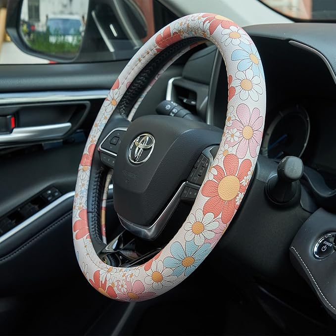 Retro Floral Daisy Colorful Flowers Car Leather Steering Wheel Cover - 15-inch Universal Microfiber- Soft & Breathable & Sili