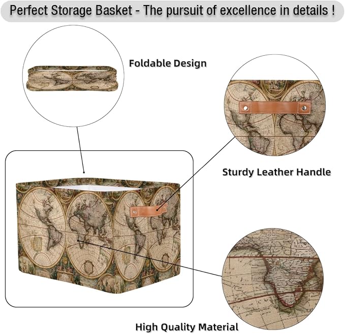 Globe Travel World Map Storage Basket Collapsible Cloth Storage Cube Basket Bins Organizer with Handles Rectangular Large Toy