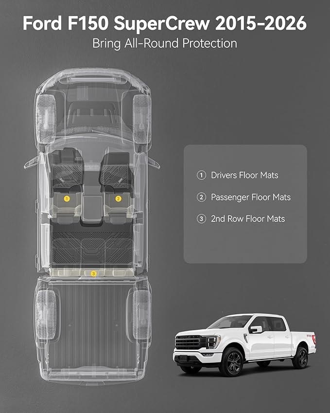 3W Floor Mats for Ford F-150 2015-2025 2026 & F150 Lightning 2022-2025 SuperCrew (w/o Fold Flat Storage), TPE All Weather Custom Fit, Front & Rear 3PCS | Heavy Duty, Easy Clean - Black