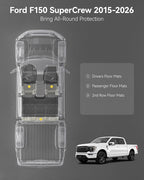 3W Floor Mats for Ford F-150 2015-2025 2026 & F150 Lightning 2022-2025 SuperCrew (w/o Fold Flat Storage), TPE All Weather Custom Fit, Front & Rear 3PCS | Heavy Duty, Easy Clean - Black
