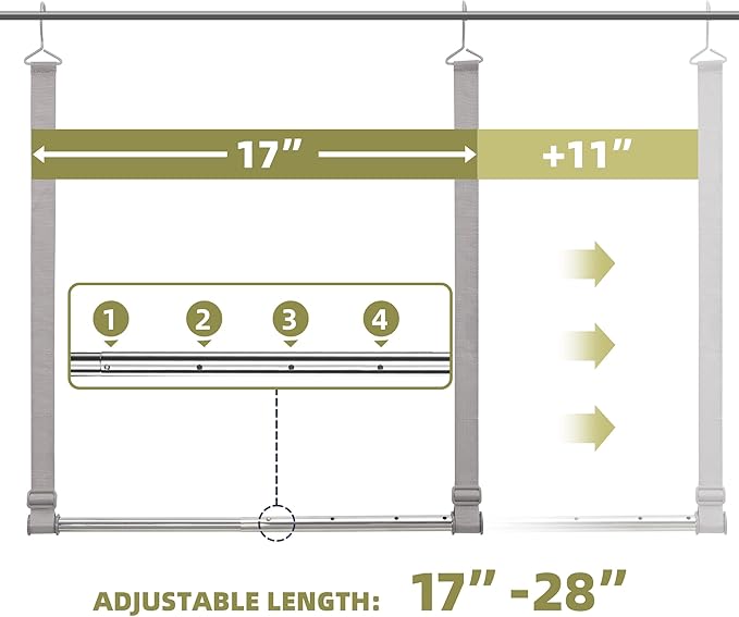 Hanging Closet Rod, 17-28In Width and Up to 32In Height Closet Extender, Double Hanging Bar with Powder-Coated Metal Pole and