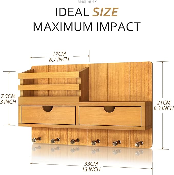 Rebee Vision Modern Farmhouse Key Holder Wall Mount with 2 Drawer Organizer - Mail Holder for Wall with 6 Key Hooks - Ideal f