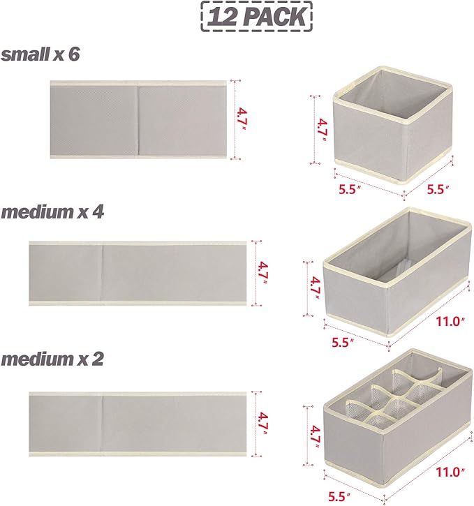 Set of 12 Foldable Drawer Organizer Dividers Cloth Storage Box Closet Dresser Organizer Cube Fabric Containers Basket Bins fo