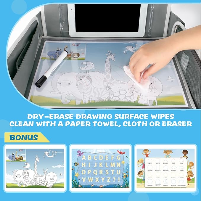 MENZOKE Kids Travel Tray for Boys or Girls, Travel Tray for Kids Car Seat with Tablet Holder, Dry Erase Board & Cooler Cup Ho