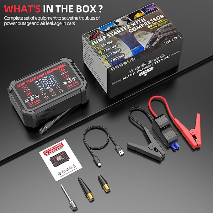 Jump Starter with Air Compressor, 4000A Peak Portable Car Battery Jumper Starter with 150PSI Auto-Shutoff Tire Inflator, 12V