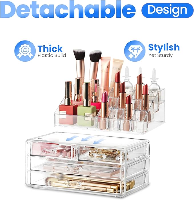 Masirs Clear Makeup Organizer - 16-Compartment Cosmetic and Jewelry Holder with 4 Drawers - Vanity Storage Box for Makeup, Sk