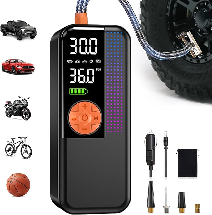 Tire Inflator Portable Air Compressor,150 PSI Cordless Air Pump, 12V DC Car Plug,Dual Power 10000mAh, Fast Inflation 24L/Min, 4 Preset Modes for Car, Bike, Motorcycle, Balls(Orange, 10000mAh)