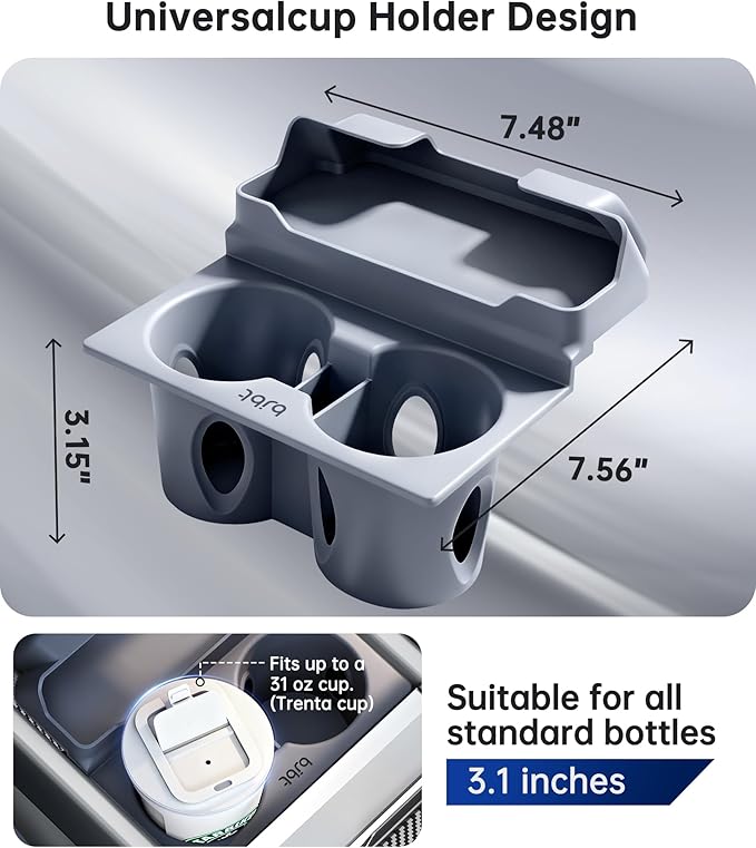 for Tesla Cup Holder Insert, 2-in-1 for Model Y Juniper(2025/2026)& Model 3 Highland(2024/2025) with Storage Compartment - Gr