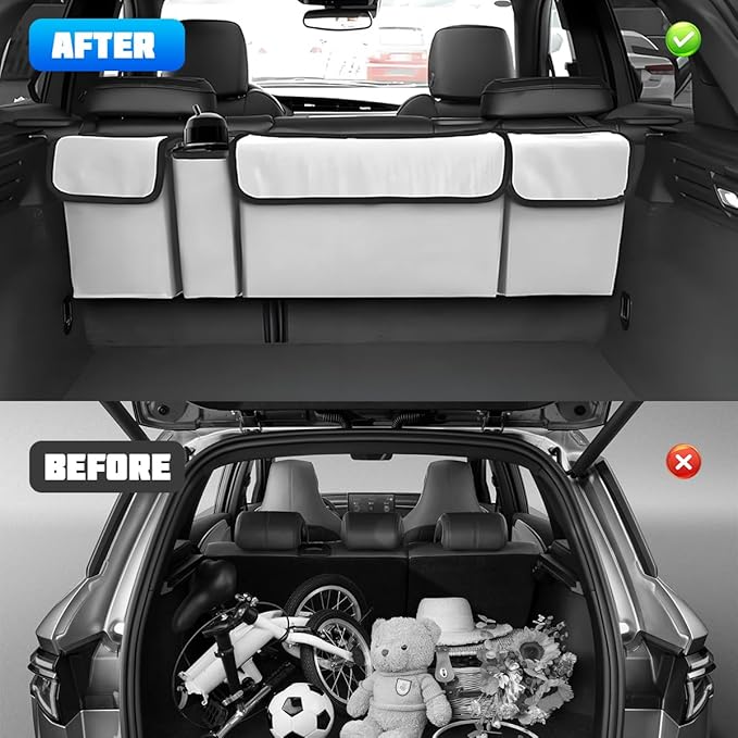 Car Trunk Organizer with Lid, Large Waterproof Vehicle Backseat Hanging Storage Bag with 4 Pockets & Adjustable Straps, Colla