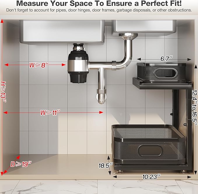 2 Pack 18.5IN-Depth Under Sink Organizer With Next-Gen Ball-Bearing Slides,2-Tier Precision Mesh Pull Out Cabinet Storage for