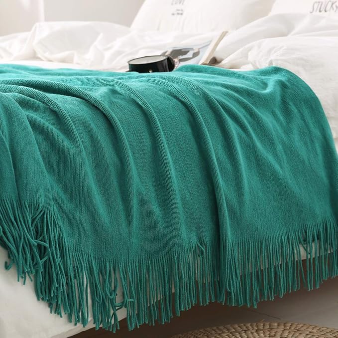 Homiest Decorative Knitted Throw Blanket with Fringe Soft & Cozy Tassel Blanket for Couch Sofa Bed (Teal,50x60)