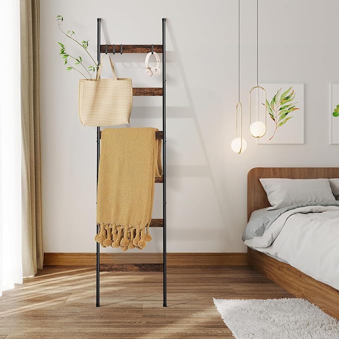 ELYKEN Blanket Ladder for Living Room, Farmhouse 6-Tier Quilt Holder with 4 Removable Hooks for Bathroom, Wood Towel Rack Dis