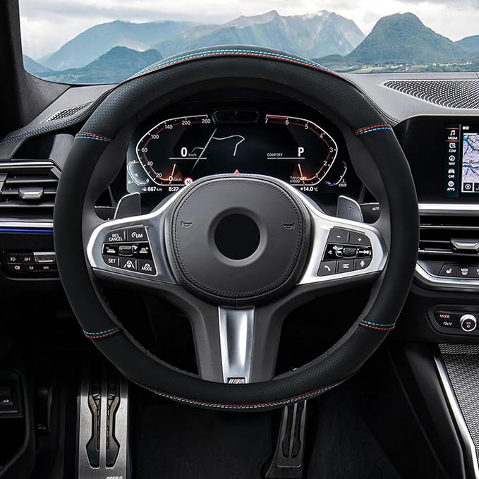 Microfiber Leather Steering Wheel Cover with Anti-Slip Lining Breathable and Soft Universal 14.5-15 inch, Easy to Install Ste