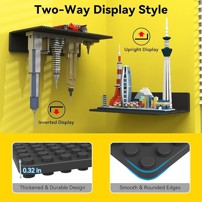 BlissBox 4-Pack Large Display Shelves for Wall Compatible with Lego Building Bricks, 11.3x6.3inch Dual-Sided 36x20 Studs for 