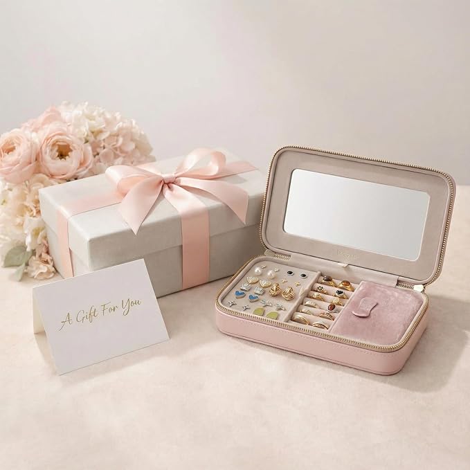 Travel Jewelry Case with Mirror, Quilted Small Jewelry Box Organizer for Women Girls, Portable Earring Necklace Bracelet Ring
