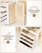 Homde Synthetic Leather Huge Jewelry Box Mirrored Watch Organizer Necklace Ring Earring Storage Lockable Gift Case (White + G