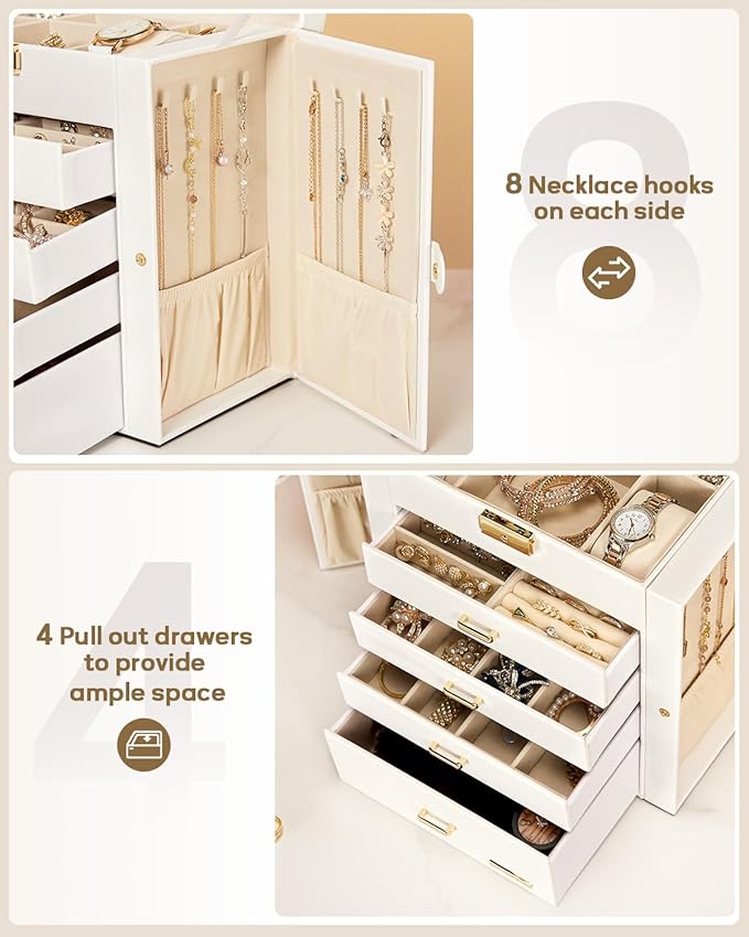 Homde Synthetic Leather Huge Jewelry Box Mirrored Watch Organizer Necklace Ring Earring Storage Lockable Gift Case (White + G