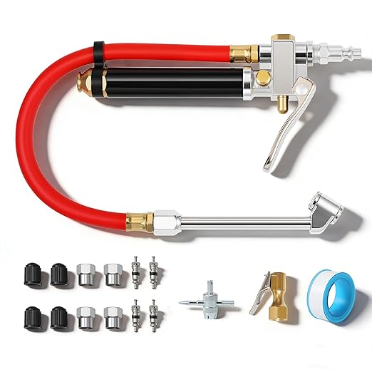 Heavy Duty Tire Pressure Gauge Inflator for Trucks & RVs (10-120 PSI) - Dual Head Air Chuck with 4-Way Tool, Rubber Hose & Valve Cores, 1/4" NPT Inlet