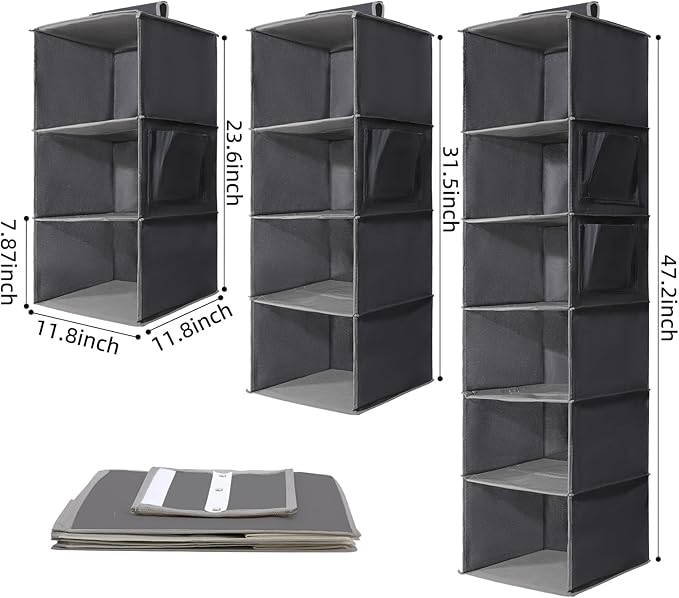 2 Packs Hanging Closet Organizer Storage, 6-Shelf Hanging Shelves for Closet, Closet Clothes Organizer and Storage with Side 