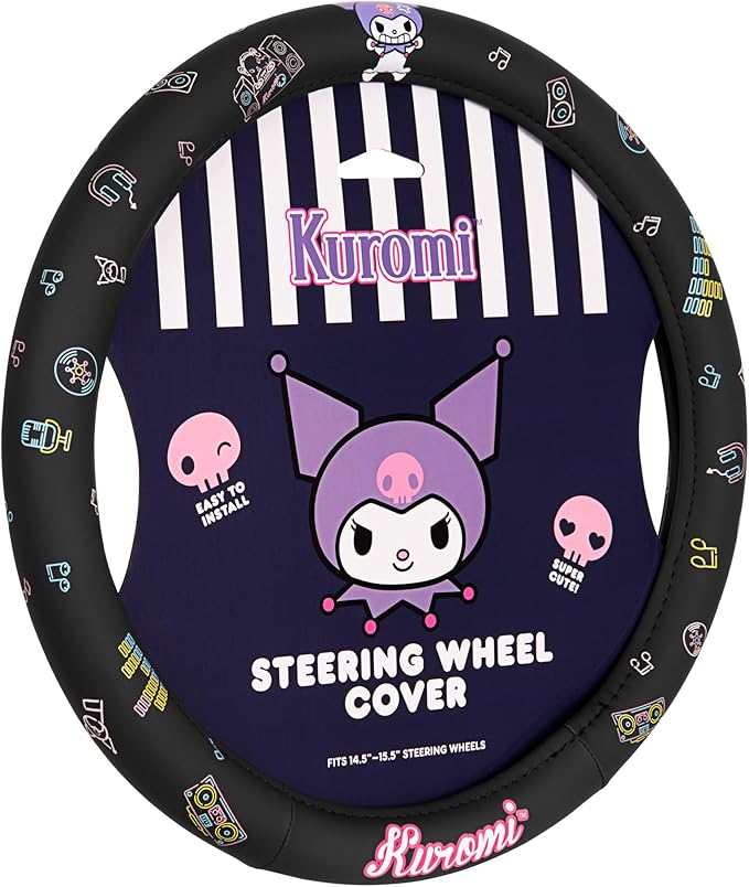 Sanrio Hello Kitty and Friends Kuromi Black Car Steering Wheel Cover, Universal Fit Cute Accessories for Women Stylish Decor Gifts Hello Kitty Accessories - Fits Standard Wheels 14.5"-15"