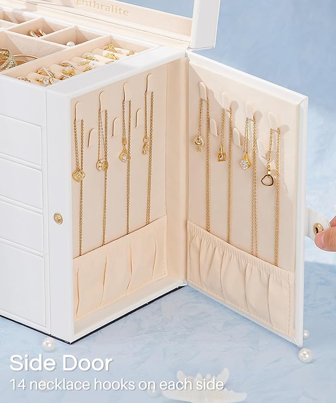 Enthralite Jewelry Box with 4 Drawers: Display Organizer for Earrings Necklaces - Christmas Gifts for Girls Women (White)