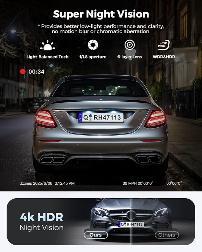 4K+1080P FHD Dash Cam Front and Rear, Dual Dash Camera for Cars with Night Vision, 2 Channel HDR Dash Camera, 24H Parking Mod