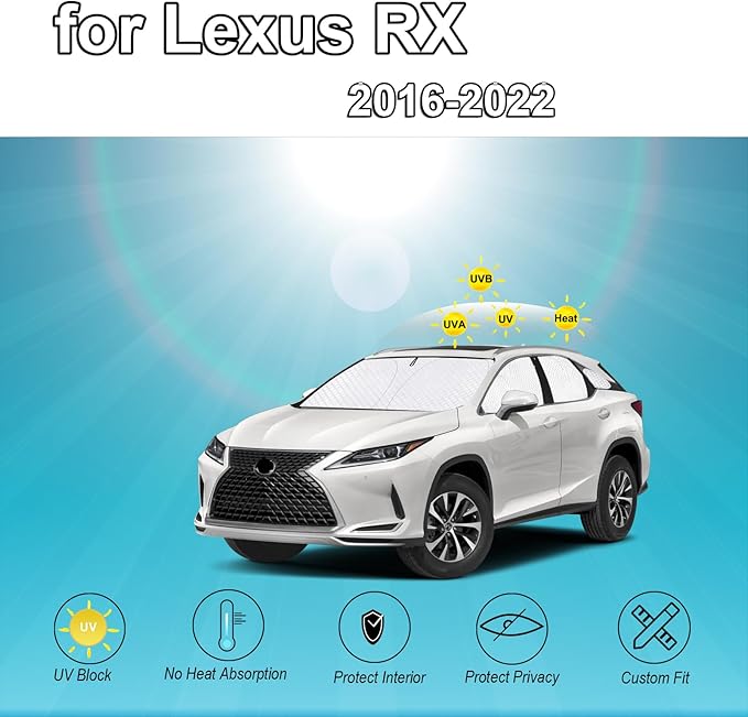KMF 8pcs Thicken Full Sun Shades for Lexus RX 2016-2022 Accessories RX350/RX 450h, Custom Fit Car Window Covers Sunshade for Windshield Side Rear, UV Block and Privacy Blackout for Car Camping