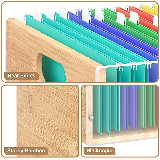 Sbanmao 3 Pack Hanging File Organizer, Clear Acrylic File Box Organizer, Bamboo Filing Box File Crate Organizer Storage Boxes