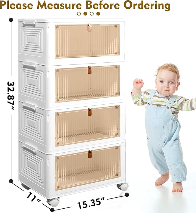 CTSNSLH 4 Tier Plastic Storage Bins and Boxes Organizer - Stackable with Lids for Bedroom, Living Room, Office - Foldable Con
