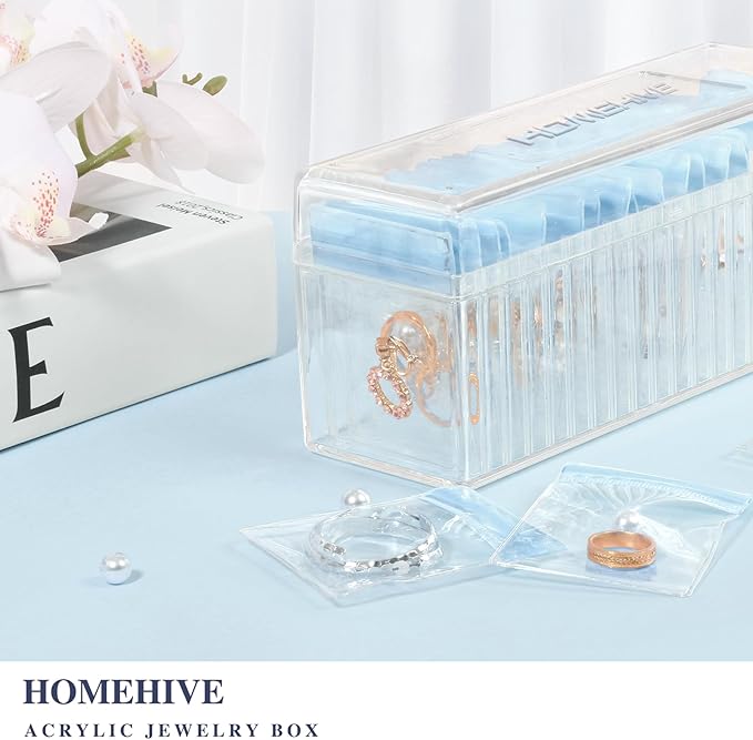 HOMEHIVE Acrylic Jewelry Box Organizer, Clear Jewelry Organizer Holder with 20 Portable Anti Tarnish Jewelry bags, Travel Jew