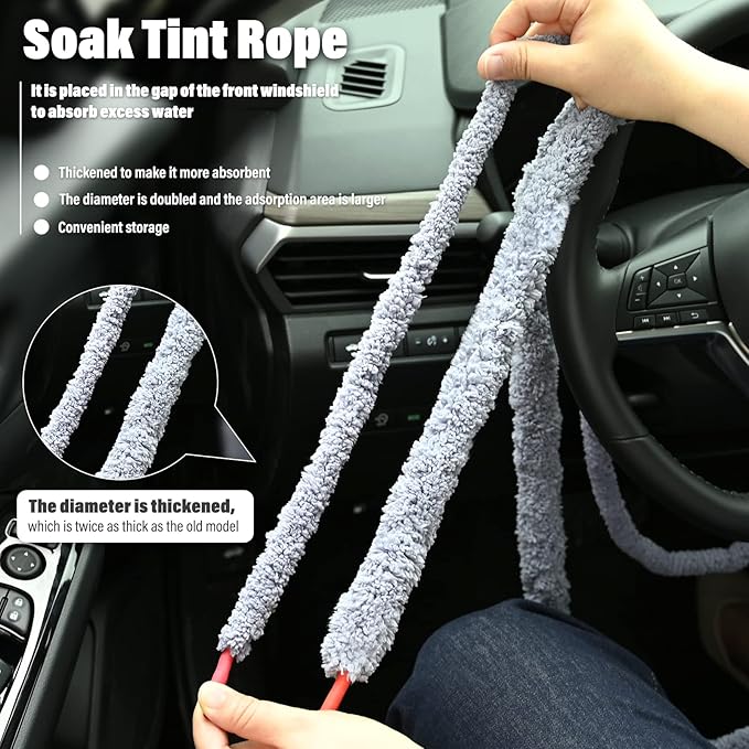 NEWISHTOOL 10 Ft Thicken Soak Rope for Window Tinting, Cars Glass Tint Film Installing Water Drying Absorbent Soak Shield Rope Automotive Windshield Car Door Window Cleaning Tool, Gray Microfiber Rope