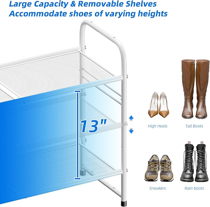 SUFAUY 3-Tier Mesh Shoe Rack, Closet Metal 33" Wide Shoe Shelf Heavy Duty, White