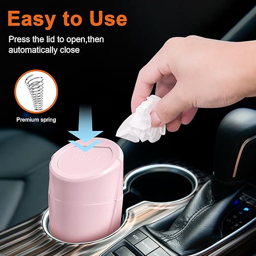 Car Trash Can, 2 Packs Mini Car Trash Bin with Lid, Leakproof Cup Holder Car Garbage Can with 60 Trash Bags, Vehicle Front Back Seat Organizers and Storage for Car, Home, Office, Pink
