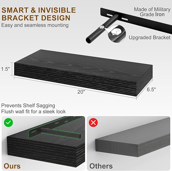 Fun Memories Floating Shelves for Wall, 20Inch Floating Shelves Set of 2, Hanging Shelf with Invisible Brackets, Wood Shelves