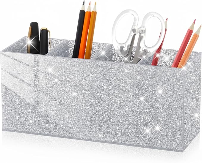 Jetec Acrylic Glitter Pen Holder 4 Compartments Bling Makeup Brush Stationery Organizer Pencil Holder for Desk Accessories Sp