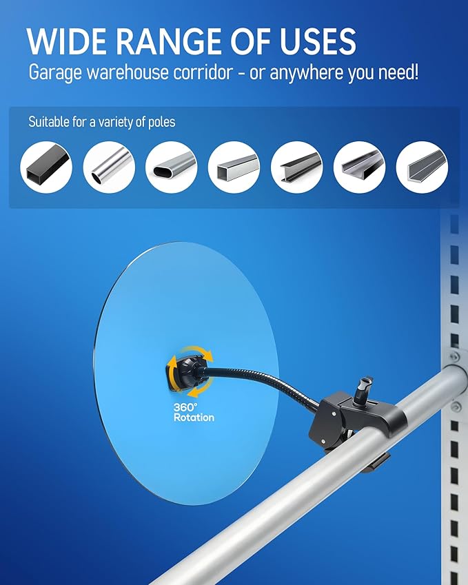 11.65" Wide‑Angle HD Convex Mirror with Crab Clamp Base - Acrylic Safety Security Traffic Corner Mirror for Room Garage, Driveway, Warehouse, Office, Store, Fisheye, Indoor, Outdoor, Clamp-Mount