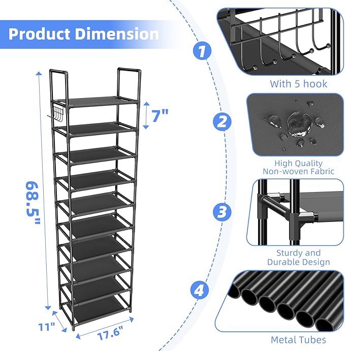 Simple Trending Tall Shoe Rack for Closet, 10 Tiers Narrow Shoe Shelf Holds 20 Pairs, Shoe Organizer Storage with Hooks, Blac