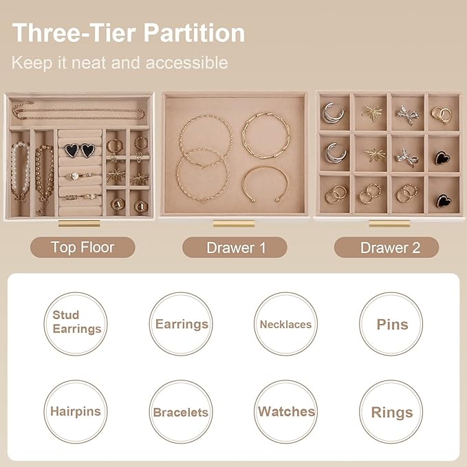 Somduy Jewelry Box Organizer for Women,3 Layers PU Leather Jewelry Storage Display Box with Glass Lid,Gift for people,3 Drawe