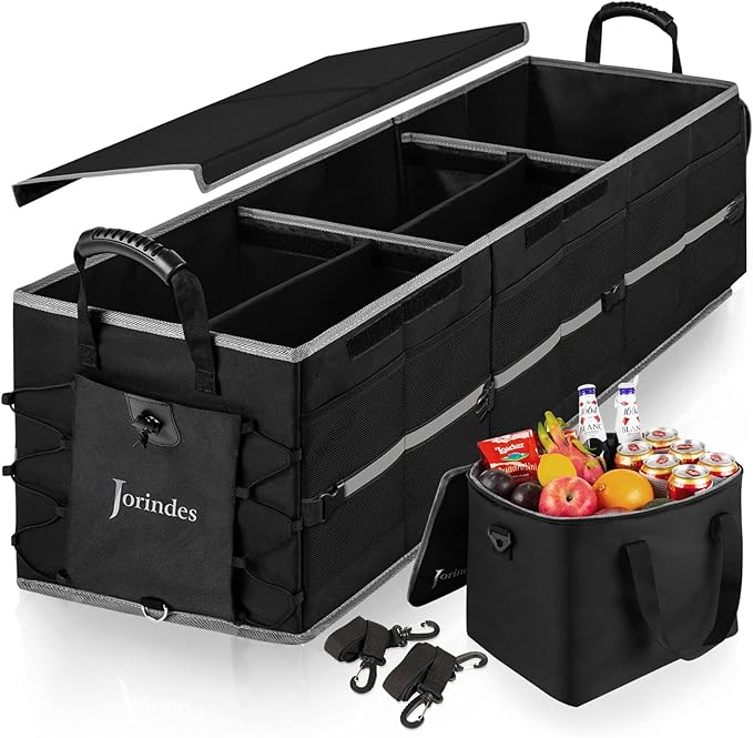 Collapsible Trunk Organizer for Car with Insulated Leak proof Cooler Bag, 3 Compartments SUV Cargo Organizer Removable